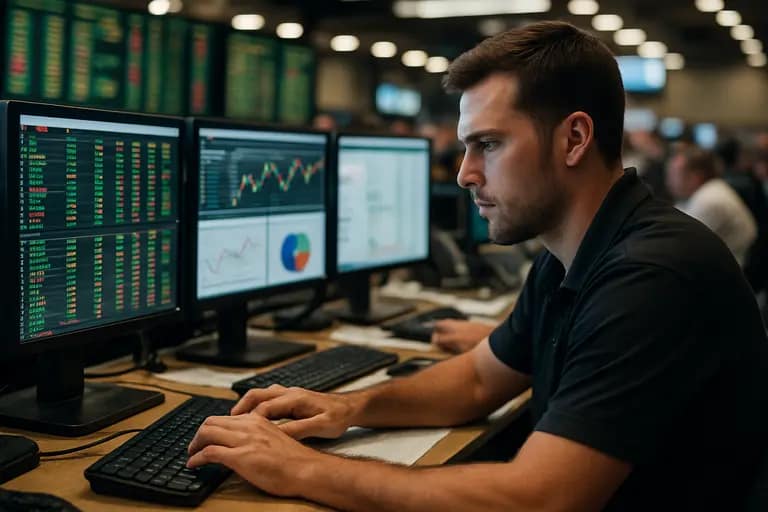 Trading dashboard beside compliance notes and a calculator