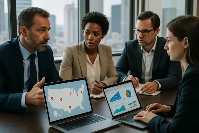 Desk with regulatory documents, a phone, and a location pin on a map