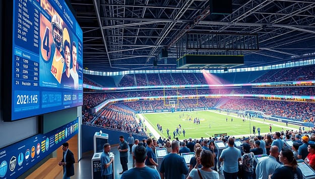A bustling sports arena, filled with data-driven analytics and AI-powered fan engagement. In the foreground, a large digital scoreboard displays real-time statistics and player performance data, while team logos and mascots adorn the sleek, modern concourse. In the middle ground, fans enthusiastically interact with touchscreen kiosks, customizing their game-day experiences and accessing personalized content. The background features a panoramic view of the stadium, its architecture a testament to the integration of technology and sports. Vibrant lighting casts a warm, energetic glow, capturing the essence of a data-first culture that has revolutionized the fan experience. A bustling sports arena, filled with data-driven analytics and AI-powered fan engagement. In the foreground, a large digital scoreboard displays real-time statistics and player performance data, while team logos and mascots adorn the sleek, modern concourse. In the middle ground, fans enthusiastically interact with touchscreen kiosks, customizing their game-day experiences and accessing personalized content. The background features a panoramic view of the stadium, its architecture a testament to the integration of technology and sports. Vibrant lighting casts a warm, energetic glow, capturing the essence of a data-first culture that has revolutionized the fan experience.