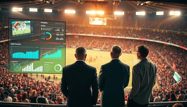 A bustling sports arena, the field illuminated by warm, focused lighting. In the foreground, a data visualization dashboard displays real-time player stats, performance metrics, and predictive analytics models. Executives in the middle ground strategize, studying the insights to make informed decisions about sponsorships, marketing campaigns, and fan engagement. In the background, a crowd of enthusiastic spectators watches the action unfold, their energy and excitement palpable. The scene conveys a harmonious blend of on-field performance and business intelligence, showcasing the power of an integrated analytics ecosystem to drive success in the world of sports marketing. A bustling sports arena, the field illuminated by warm, focused lighting. In the foreground, a data visualization dashboard displays real-time player stats, performance metrics, and predictive analytics models. Executives in the middle ground strategize, studying the insights to make informed decisions about sponsorships, marketing campaigns, and fan engagement. In the background, a crowd of enthusiastic spectators watches the action unfold, their energy and excitement palpable. The scene conveys a harmonious blend of on-field performance and business intelligence, showcasing the power of an integrated analytics ecosystem to drive success in the world of sports marketing.