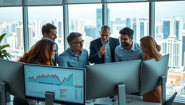 A dynamic team of sports analytics experts in a modern, well-lit office setting. In the foreground, a diverse group of professionals poring over data visualizations and dashboards on their screens, engaged in animated discussion. In the middle ground, a senior leader gesturing emphatically, guiding the team's analysis and strategy. The background features a large, floor-to-ceiling window overlooking a bustling city skyline, conveying a sense of ambitious, forward-thinking change management. Crisp, high-contrast lighting illuminates the scene, creating a mood of focused, collaborative energy. A dynamic team of sports analytics experts in a modern, well-lit office setting. In the foreground, a diverse group of professionals poring over data visualizations and dashboards on their screens, engaged in animated discussion. In the middle ground, a senior leader gesturing emphatically, guiding the team's analysis and strategy. The background features a large, floor-to-ceiling window overlooking a bustling city skyline, conveying a sense of ambitious, forward-thinking change management. Crisp, high-contrast lighting illuminates the scene, creating a mood of focused, collaborative energy.