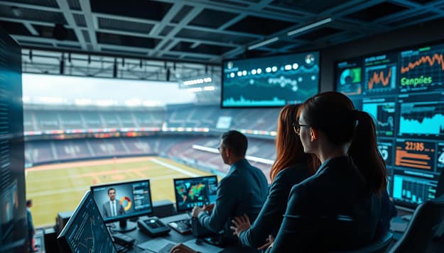 A high-tech control room filled with data visualizations and analytics dashboards. Sophisticated algorithms processing real-time sports data, uncovering insights to optimize sponsorship strategies. In the foreground, a team of analysts in business attire intently studying interactive displays, while the background features a panoramic view of a modern sports stadium. Soft lighting creates a contemplative mood, as the team works to navigate the complexities of data quality, ethics, and bias in AI-driven sports marketing. Precise camera angles and crisp photorealistic rendering capture the innovative, data-driven essence of this transformative industry. A high-tech control room filled with data visualizations and analytics dashboards. Sophisticated algorithms processing real-time sports data, uncovering insights to optimize sponsorship strategies. In the foreground, a team of analysts in business attire intently studying interactive displays, while the background features a panoramic view of a modern sports stadium. Soft lighting creates a contemplative mood, as the team works to navigate the complexities of data quality, ethics, and bias in AI-driven sports marketing. Precise camera angles and crisp photorealistic rendering capture the innovative, data-driven essence of this transformative industry.