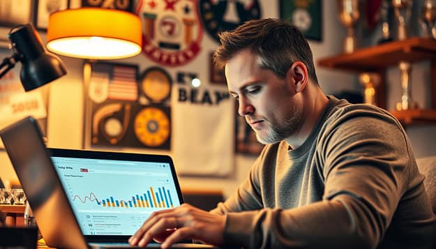 A passionate sports fan intently studying performance data analytics on a laptop, illuminated by the warm glow of a desk lamp. In the background, a wall of sports memorabilia and trophies suggests a lifelong dedication to the game. The fan's expression is one of deep focus, underscoring the importance of data-driven insights in optimizing marketing campaigns and fan engagement strategies. The scene is captured with a shallow depth of field, emphasizing the fan's intense scrutiny of the analytics dashboard before them. A passionate sports fan intently studying performance data analytics on a laptop, illuminated by the warm glow of a desk lamp. In the background, a wall of sports memorabilia and trophies suggests a lifelong dedication to the game. The fan's expression is one of deep focus, underscoring the importance of data-driven insights in optimizing marketing campaigns and fan engagement strategies. The scene is captured with a shallow depth of field, emphasizing the fan's intense scrutiny of the analytics dashboard before them.