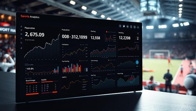 A sleek and modern data visualization dashboard showcasing sports analytics data. In the foreground, a large interactive graph or chart displays key performance metrics such as player statistics, team rankings, and game outcomes. The middle ground features various data visualization elements like scatter plots, line graphs, and heat maps, all with a minimalist, high-contrast color scheme. In the background, a blurred sports stadium or arena setting provides a contextual backdrop, with spectators and athletes in the distance. The overall scene is illuminated by clean, directional lighting that casts subtle shadows, creating depth and emphasizing the analytical nature of the data. The mood is one of strategic decision-making, data-driven insights, and the fusion of sports and technology. A sleek and modern data visualization dashboard showcasing sports analytics data. In the foreground, a large interactive graph or chart displays key performance metrics such as player statistics, team rankings, and game outcomes. The middle ground features various data visualization elements like scatter plots, line graphs, and heat maps, all with a minimalist, high-contrast color scheme. In the background, a blurred sports stadium or arena setting provides a contextual backdrop, with spectators and athletes in the distance. The overall scene is illuminated by clean, directional lighting that casts subtle shadows, creating depth and emphasizing the analytical nature of the data. The mood is one of strategic decision-making, data-driven insights, and the fusion of sports and technology.
