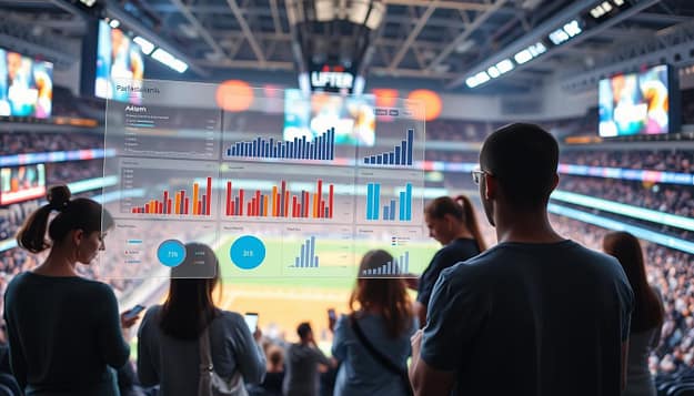 A sleek, modern data visualization dashboard floats ethereally in the foreground, showcasing graphs and charts that analyze fan engagement metrics. In the middle ground, a diverse group of sports fans interact with mobile devices, their faces illuminated by the glow of screens. The background depicts a bustling sports arena, with towering screens and signage, evoking the intersection of technology, fan experience, and the ethical considerations surrounding data-driven fan targeting. Soft, diffused lighting creates an contemplative atmosphere, hinting at the nuanced conversations around privacy, consent, and the responsible use of analytics in the sports industry. A sleek, modern data visualization dashboard floats ethereally in the foreground, showcasing graphs and charts that analyze fan engagement metrics. In the middle ground, a diverse group of sports fans interact with mobile devices, their faces illuminated by the glow of screens. The background depicts a bustling sports arena, with towering screens and signage, evoking the intersection of technology, fan experience, and the ethical considerations surrounding data-driven fan targeting. Soft, diffused lighting creates an contemplative atmosphere, hinting at the nuanced conversations around privacy, consent, and the responsible use of analytics in the sports industry.