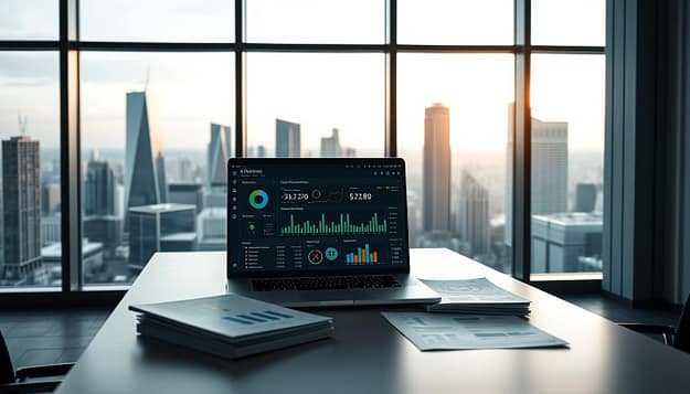 A sleek, modern office interior with large windows overlooking a bustling city skyline. On the desk, a laptop displays a detailed analytics dashboard, showcasing key performance metrics and visualizations related to a sports sponsorship program. Beside the laptop, a stack of financial reports and a stylized sports team logo suggest a successful case study collaboration. Soft, directional lighting casts a professional, data-driven atmosphere, while the minimalist decor and clean lines convey a sense of efficiency and strategic decision-making. A sleek, modern office interior with large windows overlooking a bustling city skyline. On the desk, a laptop displays a detailed analytics dashboard, showcasing key performance metrics and visualizations related to a sports sponsorship program. Beside the laptop, a stack of financial reports and a stylized sports team logo suggest a successful case study collaboration. Soft, directional lighting casts a professional, data-driven atmosphere, while the minimalist decor and clean lines convey a sense of efficiency and strategic decision-making.