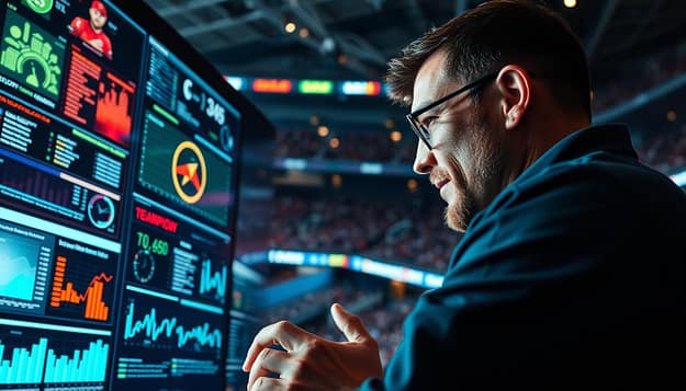A sports fan, passionately immersed in the game, intently scrutinizing a comprehensive data dashboard. Surrounded by a vibrant stadium atmosphere, glowing screens display a wealth of performance metrics, ticketing trends, and social engagement insights. Focused expressions and gestures convey the deep connection between sports and business analytics, creating an integrated ecosystem to optimize every aspect of the fan experience. Dramatic lighting casts dynamic shadows, emphasizing the fusion of human intuition and data-driven decision-making. A lens-flared, cinematic perspective captures the excitement and potential of this powerful analytical integration. A sports fan, passionately immersed in the game, intently scrutinizing a comprehensive data dashboard. Surrounded by a vibrant stadium atmosphere, glowing screens display a wealth of performance metrics, ticketing trends, and social engagement insights. Focused expressions and gestures convey the deep connection between sports and business analytics, creating an integrated ecosystem to optimize every aspect of the fan experience. Dramatic lighting casts dynamic shadows, emphasizing the fusion of human intuition and data-driven decision-making. A lens-flared, cinematic perspective captures the excitement and potential of this powerful analytical integration.