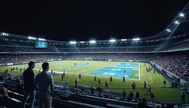 A sports stadium at night, illuminated by bright floodlights. In the foreground, athletes are tracked by a sophisticated data analytics system, with real-time data visualizations projected onto the field. Sensors and cameras capture their every movement, while analysts scrutinize the data on large screens in the middle ground. In the background, a data center hums with activity, processing the flood of information and generating insights to optimize player performance and fan engagement. The scene conveys the intersection of technology and sports, where data-driven decision-making is transforming the way the game is played and experienced. A sports stadium at night, illuminated by bright floodlights. In the foreground, athletes are tracked by a sophisticated data analytics system, with real-time data visualizations projected onto the field. Sensors and cameras capture their every movement, while analysts scrutinize the data on large screens in the middle ground. In the background, a data center hums with activity, processing the flood of information and generating insights to optimize player performance and fan engagement. The scene conveys the intersection of technology and sports, where data-driven decision-making is transforming the way the game is played and experienced.