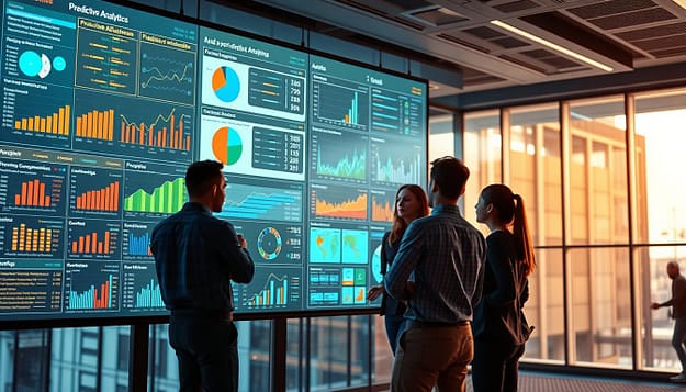 A vibrant data visualization dashboard showcasing predictive analytics in the context of sports marketing. In the foreground, a large screen displays intricate charts, graphs, and dynamic visualizations that track key performance indicators such as audience engagement, campaign effectiveness, and revenue forecasts. The middle ground features a team of analysts and marketers closely collaborating, deep in discussion as they interpret the data insights. In the background, a sleek, modern office environment with floor-to-ceiling windows bathed in warm, directional lighting that accentuates the focus and intensity of the scene. The overall atmosphere conveys a sense of data-driven decision-making, strategic foresight, and the fusion of sports, analytics, and marketing for optimal performance. A vibrant data visualization dashboard showcasing predictive analytics in the context of sports marketing. In the foreground, a large screen displays intricate charts, graphs, and dynamic visualizations that track key performance indicators such as audience engagement, campaign effectiveness, and revenue forecasts. The middle ground features a team of analysts and marketers closely collaborating, deep in discussion as they interpret the data insights. In the background, a sleek, modern office environment with floor-to-ceiling windows bathed in warm, directional lighting that accentuates the focus and intensity of the scene. The overall atmosphere conveys a sense of data-driven decision-making, strategic foresight, and the fusion of sports, analytics, and marketing for optimal performance.