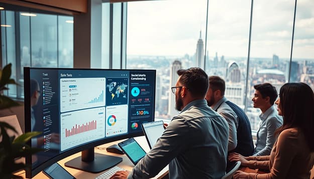A busy, modern office space with a large, curved computer monitor displaying a social media dashboard. In the foreground, a team of professionals intently analyzing data and discussing strategies, their expressions reflecting a sense of urgency and concentration. The middle ground features various infographic elements, visualizing key metrics and insights. In the background, a panoramic view of a bustling city skyline, conveying the global scale and significance of the social listening crisis management process. Soft, directional lighting illuminates the scene, creating a sense of dynamism and professionalism. The overall atmosphere evokes a heightened state of alert, where rapid response and precision are paramount. A busy, modern office space with a large, curved computer monitor displaying a social media dashboard. In the foreground, a team of professionals intently analyzing data and discussing strategies, their expressions reflecting a sense of urgency and concentration. The middle ground features various infographic elements, visualizing key metrics and insights. In the background, a panoramic view of a bustling city skyline, conveying the global scale and significance of the social listening crisis management process. Soft, directional lighting illuminates the scene, creating a sense of dynamism and professionalism. The overall atmosphere evokes a heightened state of alert, where rapid response and precision are paramount.