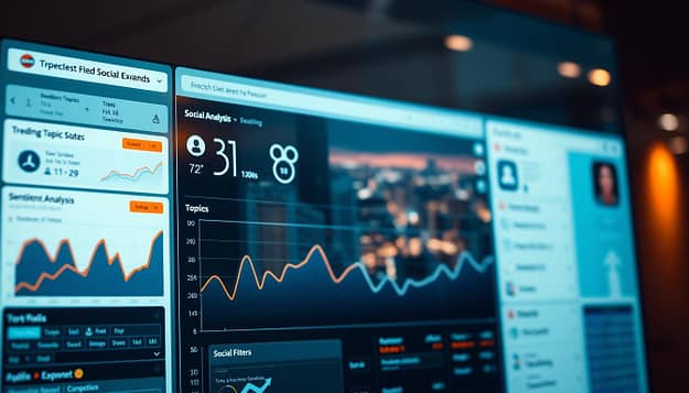 A close-up view of a social media dashboard, displaying real-time data analytics and insights. In the foreground, a stylized chart showcases trending topics, sentiment analysis, and audience engagement metrics. The middle ground features a sleek, minimalist interface with interactive filters and sorting options. In the background, a cityscape with bustling activity serves as a symbolic representation of the broader social landscape. The scene is illuminated by warm, directional lighting, creating a sense of focus and professionalism. The overall mood conveys a strategic, data-driven approach to social listening, tailored for sports brand expansion. A close-up view of a social media dashboard, displaying real-time data analytics and insights. In the foreground, a stylized chart showcases trending topics, sentiment analysis, and audience engagement metrics. The middle ground features a sleek, minimalist interface with interactive filters and sorting options. In the background, a cityscape with bustling activity serves as a symbolic representation of the broader social landscape. The scene is illuminated by warm, directional lighting, creating a sense of focus and professionalism. The overall mood conveys a strategic, data-driven approach to social listening, tailored for sports brand expansion.
