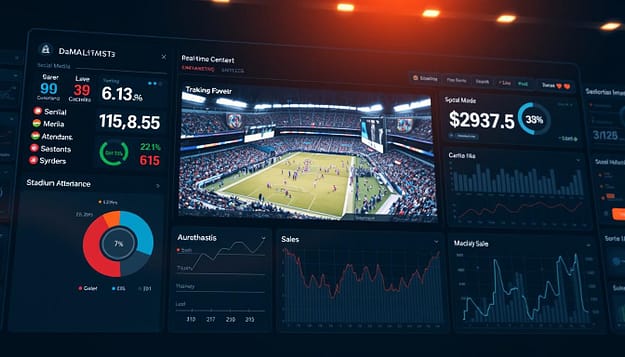 A sleek dashboard interface showcasing real-time analytics of sports fan engagement. In the foreground, dynamic visualizations display live metrics such as social media interactions, stadium attendance, and merchandise sales. The middle ground features a large, high-resolution game footage feed, capturing the energy and excitement of the event. In the background, a subtle grid of data points and statistical charts provides deeper insights into fan behavior and preferences. The scene is illuminated by a warm, subtle lighting that creates a professional, technologically-advanced atmosphere. The overall composition conveys the power of data-driven decision-making in modern sports marketing. A sleek dashboard interface showcasing real-time analytics of sports fan engagement. In the foreground, dynamic visualizations display live metrics such as social media interactions, stadium attendance, and merchandise sales. The middle ground features a large, high-resolution game footage feed, capturing the energy and excitement of the event. In the background, a subtle grid of data points and statistical charts provides deeper insights into fan behavior and preferences. The scene is illuminated by a warm, subtle lighting that creates a professional, technologically-advanced atmosphere. The overall composition conveys the power of data-driven decision-making in modern sports marketing.