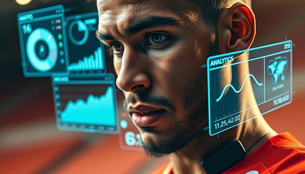 A close-up shot of a professional athlete wearing a smart wearable device, their performance data and analytics projected as a holographic display in front of them. The display shows various metrics, graphs, and predictive models, illuminating the athlete's value and potential. The lighting is a warm, futuristic glow, casting dramatic shadows across the athlete's determined expression. The background is blurred, focusing the viewer's attention on the advanced analytics and their impact on the athlete's performance and marketability. A close-up shot of a professional athlete wearing a smart wearable device, their performance data and analytics projected as a holographic display in front of them. The display shows various metrics, graphs, and predictive models, illuminating the athlete's value and potential. The lighting is a warm, futuristic glow, casting dramatic shadows across the athlete's determined expression. The background is blurred, focusing the viewer's attention on the advanced analytics and their impact on the athlete's performance and marketability.