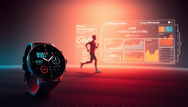 A futuristic scene of performance analytics in wearable technology. In the foreground, a sleek smartwatch displays real-time biometric data and workout metrics. The middle ground features a runner in motion, their movements tracked by a network of sensors embedded in their athletic gear. In the background, a holographic dashboard projects visualizations of aggregated data, revealing insights that could optimize training and sponsorship strategies. Warm, vibrant lighting casts a glow, while a minimalist, high-tech aesthetic pervades the scene, conveying the power of AI-driven analytics to transform athlete performance and engagement. A futuristic scene of performance analytics in wearable technology. In the foreground, a sleek smartwatch displays real-time biometric data and workout metrics. The middle ground features a runner in motion, their movements tracked by a network of sensors embedded in their athletic gear. In the background, a holographic dashboard projects visualizations of aggregated data, revealing insights that could optimize training and sponsorship strategies. Warm, vibrant lighting casts a glow, while a minimalist, high-tech aesthetic pervades the scene, conveying the power of AI-driven analytics to transform athlete performance and engagement.