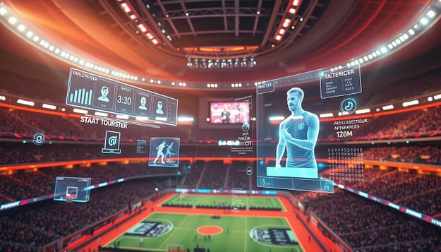 A futuristic sports arena, bathed in a warm, neon-tinged glow. In the foreground, dynamic AR sports infographics float and dance, displaying real-time data and analytics. Sleek, holographic player profiles and performance visualizations hover in the midground, while the background showcases a sprawling, high-tech stadium filled with spectators. The scene conveys a sense of technological integration, blending physical and digital elements seamlessly to create an immersive, data-driven sports experience. Cinematic camera angles and precise lighting accentuate the futuristic atmosphere, showcasing the potential of AR technology to transform the way we engage with and understand sports. A futuristic sports arena, bathed in a warm, neon-tinged glow. In the foreground, dynamic AR sports infographics float and dance, displaying real-time data and analytics. Sleek, holographic player profiles and performance visualizations hover in the midground, while the background showcases a sprawling, high-tech stadium filled with spectators. The scene conveys a sense of technological integration, blending physical and digital elements seamlessly to create an immersive, data-driven sports experience. Cinematic camera angles and precise lighting accentuate the futuristic atmosphere, showcasing the potential of AR technology to transform the way we engage with and understand sports.