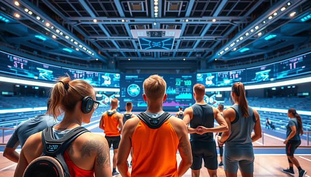 A sleek, futuristic sports arena with advanced wearable tech devices prominently displayed. In the foreground, a group of athletes wearing state-of-the-art smartwatches, fitness trackers, and AR-enabled sports apparel. The middle ground features a large interactive display showcasing real-time performance data and analytics. The background depicts a dynamic, high-tech environment with holographic projections, LED lighting, and a sense of innovation and technological progress. The lighting is crisp and clean, with a cool, vibrant color palette that emphasizes the cutting-edge nature of the scene. The camera angle is slightly elevated, providing an immersive, panoramic view that captures the scale and excitement of this futuristic sports tech showcase. A sleek, futuristic sports arena with advanced wearable tech devices prominently displayed. In the foreground, a group of athletes wearing state-of-the-art smartwatches, fitness trackers, and AR-enabled sports apparel. The middle ground features a large interactive display showcasing real-time performance data and analytics. The background depicts a dynamic, high-tech environment with holographic projections, LED lighting, and a sense of innovation and technological progress. The lighting is crisp and clean, with a cool, vibrant color palette that emphasizes the cutting-edge nature of the scene. The camera angle is slightly elevated, providing an immersive, panoramic view that captures the scale and excitement of this futuristic sports tech showcase.