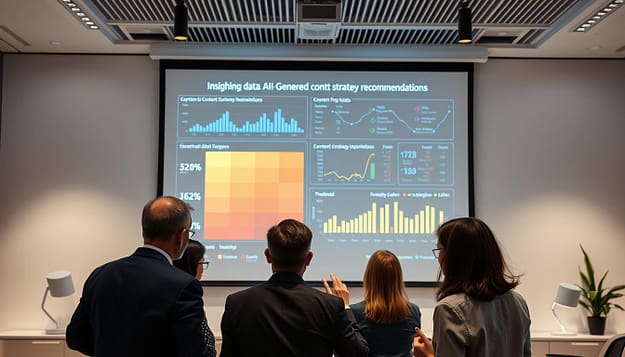 A sleek, modern office setting with a large projection screen displaying insightful data visualizations and AI-generated content strategy recommendations. In the foreground, a team of business professionals studying the screen intently, dressed in professional attire and gesturing animatedly. Soft, directional lighting illuminates the scene, creating a sense of focus and purpose. The background features minimalist decor and clean lines, emphasizing the technological and analytical nature of the subject matter. An atmosphere of innovation and strategic decision-making permeates the image. A sleek, modern office setting with a large projection screen displaying insightful data visualizations and AI-generated content strategy recommendations. In the foreground, a team of business professionals studying the screen intently, dressed in professional attire and gesturing animatedly. Soft, directional lighting illuminates the scene, creating a sense of focus and purpose. The background features minimalist decor and clean lines, emphasizing the technological and analytical nature of the subject matter. An atmosphere of innovation and strategic decision-making permeates the image.