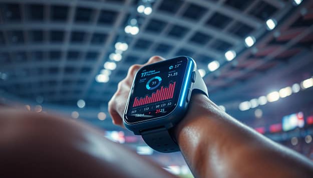 A close-up view of a futuristic sports wearable device, featuring a sleek and streamlined design with a high-resolution digital display showcasing real-time performance analytics. The device is situated on the wrist of an athlete, against a blurred background of a modern sports stadium with vibrant lighting and dynamic crowd energy. The overall tone is one of technological sophistication, highlighting the intersection of athletic prowess and cutting-edge wearable technology. A close-up view of a futuristic sports wearable device, featuring a sleek and streamlined design with a high-resolution digital display showcasing real-time performance analytics. The device is situated on the wrist of an athlete, against a blurred background of a modern sports stadium with vibrant lighting and dynamic crowd energy. The overall tone is one of technological sophistication, highlighting the intersection of athletic prowess and cutting-edge wearable technology.