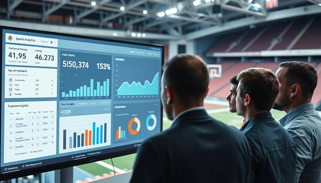 A modern sports analytics dashboard displayed on a high-resolution monitor, showcasing key performance metrics, data visualizations, and insights. The foreground features a sleek, minimalist interface with clean typography and bold infographic elements. The middle ground depicts a group of data analysts intently studying the dashboard, their expressions focused and engaged. The background subtly depicts a sports arena or training facility, evoking the connection between data-driven decision-making and athletic performance. The overall scene conveys a sense of technological sophistication, data-driven strategy, and the potential for return on investment in sports analytics. A modern sports analytics dashboard displayed on a high-resolution monitor, showcasing key performance metrics, data visualizations, and insights. The foreground features a sleek, minimalist interface with clean typography and bold infographic elements. The middle ground depicts a group of data analysts intently studying the dashboard, their expressions focused and engaged. The background subtly depicts a sports arena or training facility, evoking the connection between data-driven decision-making and athletic performance. The overall scene conveys a sense of technological sophistication, data-driven strategy, and the potential for return on investment in sports analytics.