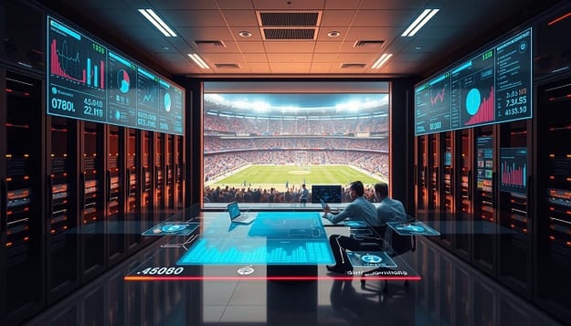 A sleek, futuristic data center server room, with multiple holographic displays showcasing real-time sports analytics dashboards. In the foreground, an API integration interface allows seamless data transfer between various sports tracking systems, visualized through a fluid, interactive UI. The middle ground features a team of data analysts collaborating around a central command table, monitoring performance metrics and strategizing gameplay. In the background, a panoramic window offers a view of a bustling sports stadium, its energy and excitement reflected in the vibrant color palette. Diffused, warm lighting creates a sense of focus and productivity, while clean, minimalist design elements convey a high-tech, efficient atmosphere. A sleek, futuristic data center server room, with multiple holographic displays showcasing real-time sports analytics dashboards. In the foreground, an API integration interface allows seamless data transfer between various sports tracking systems, visualized through a fluid, interactive UI. The middle ground features a team of data analysts collaborating around a central command table, monitoring performance metrics and strategizing gameplay. In the background, a panoramic window offers a view of a bustling sports stadium, its energy and excitement reflected in the vibrant color palette. Diffused, warm lighting creates a sense of focus and productivity, while clean, minimalist design elements convey a high-tech, efficient atmosphere.