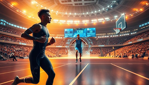 A sleek, futuristic sports arena with athletes donning cutting-edge wearable tech devices. In the foreground, a runner wearing a form-fitting suit with embedded sensors, their movements precisely tracked and analyzed. In the middle ground, a basketball player dribbling a ball that glows with real-time data, surrounded by holographic displays showcasing their performance metrics. In the background, a vast stadium filled with spectators, their excitement palpable as they witness the intersection of sports and advanced technology. Warm, golden lighting casts a dynamic glow, conveying the thrill and innovation of this new era of athlete data analytics. The scene exudes a sense of ethical responsibility, where technology enhances sports without compromising the integrity of the athlete. A sleek, futuristic sports arena with athletes donning cutting-edge wearable tech devices. In the foreground, a runner wearing a form-fitting suit with embedded sensors, their movements precisely tracked and analyzed. In the middle ground, a basketball player dribbling a ball that glows with real-time data, surrounded by holographic displays showcasing their performance metrics. In the background, a vast stadium filled with spectators, their excitement palpable as they witness the intersection of sports and advanced technology. Warm, golden lighting casts a dynamic glow, conveying the thrill and innovation of this new era of athlete data analytics. The scene exudes a sense of ethical responsibility, where technology enhances sports without compromising the integrity of the athlete.