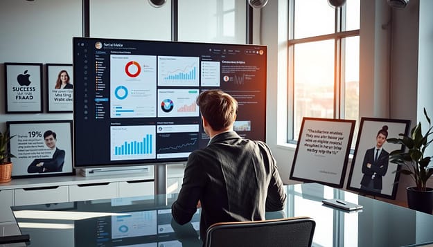 A sleek, modern office space with a large monitor displaying various social media analytics dashboards. In the foreground, a young, stylishly dressed person sits at a desk, intently studying the data. Surrounding them, framed success stories and testimonials from influential clients are displayed on the walls, casting a warm, inspiring glow. The lighting is a combination of natural daylight from large windows and soft, directional studio lighting, creating a professional and productive atmosphere. The scene conveys a sense of achievement, with the influencer tracking their campaigns' triumphs and utilizing the power of social listening to drive their clients' marketing success. A sleek, modern office space with a large monitor displaying various social media analytics dashboards. In the foreground, a young, stylishly dressed person sits at a desk, intently studying the data. Surrounding them, framed success stories and testimonials from influential clients are displayed on the walls, casting a warm, inspiring glow. The lighting is a combination of natural daylight from large windows and soft, directional studio lighting, creating a professional and productive atmosphere. The scene conveys a sense of achievement, with the influencer tracking their campaigns' triumphs and utilizing the power of social listening to drive their clients' marketing success.