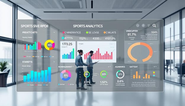 A stylish infographic dashboard showcasing sports analytics ROI metrics. In the foreground, a sleek, minimalist design with clean lines and geometric shapes. Vibrant data visualizations, including charts, graphs, and KPIs, float against a neutral background, conveying the impact of data-driven insights. The middle ground features a team of analysts collaborating over a large touchscreen display, their expressions focused and engaged. In the background, a modern, well-lit office space with panoramic windows, hinting at the high-level strategic decision-making these analytics empower. Soft, directional lighting casts a professional, authoritative tone, reinforcing the value of these insights to executive stakeholders. A stylish infographic dashboard showcasing sports analytics ROI metrics. In the foreground, a sleek, minimalist design with clean lines and geometric shapes. Vibrant data visualizations, including charts, graphs, and KPIs, float against a neutral background, conveying the impact of data-driven insights. The middle ground features a team of analysts collaborating over a large touchscreen display, their expressions focused and engaged. In the background, a modern, well-lit office space with panoramic windows, hinting at the high-level strategic decision-making these analytics empower. Soft, directional lighting casts a professional, authoritative tone, reinforcing the value of these insights to executive stakeholders.