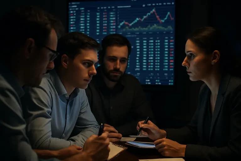 Analyst reviewing market screens and compliance notes on a desk