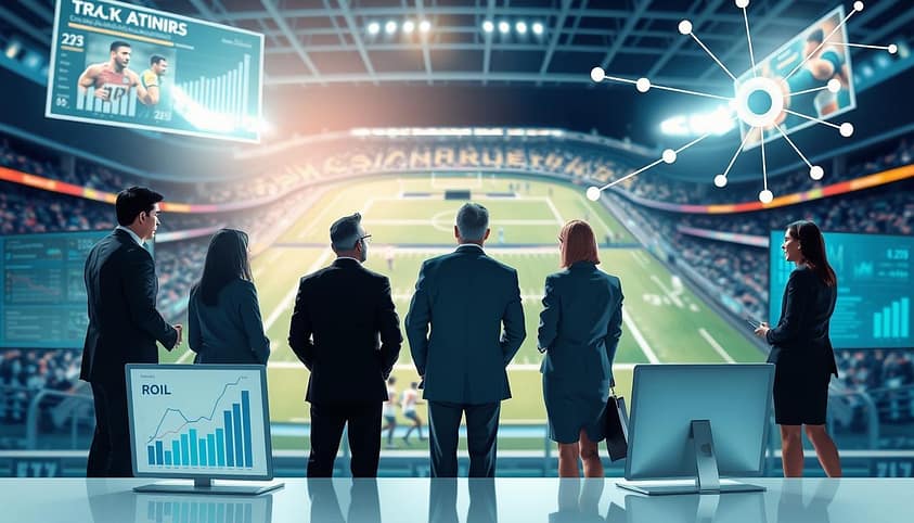 A conceptual illustration depicting the challenges of ROI attribution in marketing campaigns, set against a backdrop of a dynamic sports environment. In the foreground, a diverse group of marketing analysts in professional business attire are engaged in deep discussion, surrounded by charts and digital screens displaying complex data visuals. The middle ground features a blurred image of a sports stadium, where athletes are captured in action, symbolizing performance metrics. In the background, abstract representations of connection lines and arrows illustrate the complexity of linking marketing strategies to sports outcomes. The lighting is bright and focused, creating a clear, professional atmosphere, while the mood conveys urgency yet determination in overcoming analytical hurdles. The perspective is slightly tilted, offering a dynamic view that emphasizes the ongoing challenges in marketing attribution. A conceptual illustration depicting the challenges of ROI attribution in marketing campaigns, set against a backdrop of a dynamic sports environment. In the foreground, a diverse group of marketing analysts in professional business attire are engaged in deep discussion, surrounded by charts and digital screens displaying complex data visuals. The middle ground features a blurred image of a sports stadium, where athletes are captured in action, symbolizing performance metrics. In the background, abstract representations of connection lines and arrows illustrate the complexity of linking marketing strategies to sports outcomes. The lighting is bright and focused, creating a clear, professional atmosphere, while the mood conveys urgency yet determination in overcoming analytical hurdles. The perspective is slightly tilted, offering a dynamic view that emphasizes the ongoing challenges in marketing attribution.