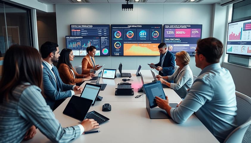 A dynamic and engaging scene showcasing a digital workspace focused on fan analytics campaign optimization. In the foreground, a diverse group of professionals in business attire analyze sports performance data on large screens, displaying colorful graphs and insights. In the middle, a sleek, modern conference table is scattered with tablets and laptops, reinforcing a high-tech environment. In the background, a wall-mounted display features vibrant infographics depicting fan engagement metrics, creating a lively atmosphere. Soft, diffused lighting enhances the professional mood, while a wide-angle perspective highlights the collaborative spirit of the team. The overall ambiance conveys innovation and strategic thinking in the realm of sports marketing. A dynamic and engaging scene showcasing a digital workspace focused on fan analytics campaign optimization. In the foreground, a diverse group of professionals in business attire analyze sports performance data on large screens, displaying colorful graphs and insights. In the middle, a sleek, modern conference table is scattered with tablets and laptops, reinforcing a high-tech environment. In the background, a wall-mounted display features vibrant infographics depicting fan engagement metrics, creating a lively atmosphere. Soft, diffused lighting enhances the professional mood, while a wide-angle perspective highlights the collaborative spirit of the team. The overall ambiance conveys innovation and strategic thinking in the realm of sports marketing.