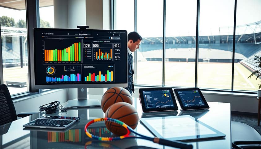 A dynamic and modern workspace showcasing athletic performance metrics analysis. In the foreground, a sleek computer monitor displays colorful graphs and data visualizations highlighting sports performance metrics, with a professional in business attire intensely focusing on the screen. The middle section features a glass table with sports equipment like a basketball and a tennis racket, alongside digital tablets showing social media engagement statistics. In the background, a panoramic window reveals a bright outdoor athletic field, suggesting an inspiring connection between sports and performance analysis. The atmosphere is vibrant and energetic, illuminated by natural daylight streaming through the window. Capture the scene from a slightly elevated angle to enhance the depth and focus on the metrics displayed. A dynamic and modern workspace showcasing athletic performance metrics analysis. In the foreground, a sleek computer monitor displays colorful graphs and data visualizations highlighting sports performance metrics, with a professional in business attire intensely focusing on the screen. The middle section features a glass table with sports equipment like a basketball and a tennis racket, alongside digital tablets showing social media engagement statistics. In the background, a panoramic window reveals a bright outdoor athletic field, suggesting an inspiring connection between sports and performance analysis. The atmosphere is vibrant and energetic, illuminated by natural daylight streaming through the window. Capture the scene from a slightly elevated angle to enhance the depth and focus on the metrics displayed.