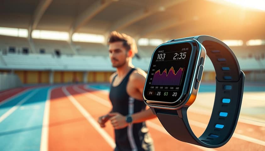 A futuristic scene showcasing wearable sports sensor technology, prominently featuring a sleek, ergonomic smartwatch and advanced biometric sensors on a runner's arm. In the foreground, the smartwatch displays vivid graphs and performance metrics, capturing real-time data. The middle ground depicts an athlete in professional athletic wear, displaying focused determination. The background features a vibrant outdoor sports track under dynamic, natural lighting with a slight blur to emphasize movement. The atmosphere conveys energy and innovation, with soft sunlight illuminating the scene to highlight the technology's sophistication and the athlete's dedication. Use a wide-angle lens to capture both the athlete and the surrounding environment, while ensuring all elements remain clear and visually engaging. A futuristic scene showcasing wearable sports sensor technology, prominently featuring a sleek, ergonomic smartwatch and advanced biometric sensors on a runner's arm. In the foreground, the smartwatch displays vivid graphs and performance metrics, capturing real-time data. The middle ground depicts an athlete in professional athletic wear, displaying focused determination. The background features a vibrant outdoor sports track under dynamic, natural lighting with a slight blur to emphasize movement. The atmosphere conveys energy and innovation, with soft sunlight illuminating the scene to highlight the technology's sophistication and the athlete's dedication. Use a wide-angle lens to capture both the athlete and the surrounding environment, while ensuring all elements remain clear and visually engaging.