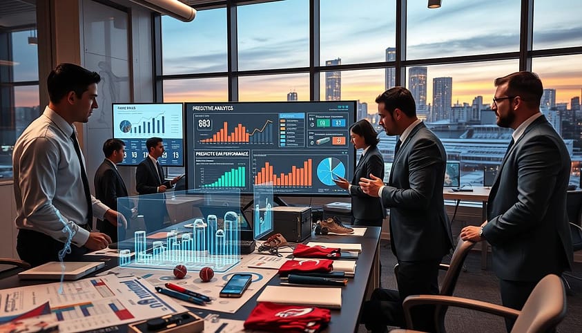 A futuristic sports analytics office, showcasing a diverse team of professionals in business attire, deeply engaged in analyzing data on large digital screens. In the foreground, a table cluttered with graphs, charts, and football merchandise symbolizes the link between predictive analytics and fan engagement. The middle ground features a large screen displaying real-time ticket sales and merchandise statistics, with holographic projections illustrating predicted team performance. The background is a modern office environment with sleek furniture and large windows showing a city skyline at dusk, bathed in soft, warm light. The overall mood is energetic and focused, emphasizing the importance of data-driven decision making in sports. Use a slightly elevated angle to capture the teamwork and collaboration atmosphere, with a focus on clarity and detail in the analytics visuals. A futuristic sports analytics office, showcasing a diverse team of professionals in business attire, deeply engaged in analyzing data on large digital screens. In the foreground, a table cluttered with graphs, charts, and football merchandise symbolizes the link between predictive analytics and fan engagement. The middle ground features a large screen displaying real-time ticket sales and merchandise statistics, with holographic projections illustrating predicted team performance. The background is a modern office environment with sleek furniture and large windows showing a city skyline at dusk, bathed in soft, warm light. The overall mood is energetic and focused, emphasizing the importance of data-driven decision making in sports. Use a slightly elevated angle to capture the teamwork and collaboration atmosphere, with a focus on clarity and detail in the analytics visuals.