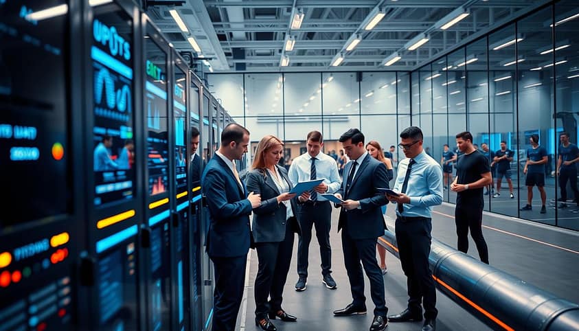 A modern data collection pipeline infrastructure set in a high-tech sports facility. In the foreground, sleek data servers with blinking lights and screens displaying analytics dashboards. In the middle ground, a diverse group of professionals in business attire, discussing data points while examining tablets and laptops. The background features large glass walls, revealing athletes training with advanced wearable technology, capturing performance metrics. The atmosphere is dynamic and innovative, illuminated by cool blue and white lighting that emphasizes a futuristic environment. The angle is slightly elevated, providing a comprehensive view of the bustling hub of activity, conveying a sense of collaboration and cutting-edge technology in sports performance analytics. A modern data collection pipeline infrastructure set in a high-tech sports facility. In the foreground, sleek data servers with blinking lights and screens displaying analytics dashboards. In the middle ground, a diverse group of professionals in business attire, discussing data points while examining tablets and laptops. The background features large glass walls, revealing athletes training with advanced wearable technology, capturing performance metrics. The atmosphere is dynamic and innovative, illuminated by cool blue and white lighting that emphasizes a futuristic environment. The angle is slightly elevated, providing a comprehensive view of the bustling hub of activity, conveying a sense of collaboration and cutting-edge technology in sports performance analytics.
