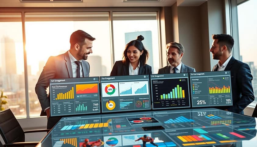 A modern office setting illuminated by soft, natural light from large windows. In the foreground, a diverse group of three professionals—two men and one woman—dressed in business attire, engage around a high-tech conference table displaying various digital dashboards and graphs showing fan engagement metrics. The middle ground features large screens showcasing colorful infographics with data points like fan demographics, engagement rates, and social media interactions, creating a sense of activity and discussion. The background depicts an urban skyline visible through the windows, symbolizing data-driven marketing decisions. The atmosphere is dynamic and focused, reflecting teamwork and innovation in analyzing sports performance data. The angle captures both the charts and the engaged expressions of the team, highlighting the importance of metrics in modern marketing strategies. A modern office setting illuminated by soft, natural light from large windows. In the foreground, a diverse group of three professionals—two men and one woman—dressed in business attire, engage around a high-tech conference table displaying various digital dashboards and graphs showing fan engagement metrics. The middle ground features large screens showcasing colorful infographics with data points like fan demographics, engagement rates, and social media interactions, creating a sense of activity and discussion. The background depicts an urban skyline visible through the windows, symbolizing data-driven marketing decisions. The atmosphere is dynamic and focused, reflecting teamwork and innovation in analyzing sports performance data. The angle captures both the charts and the engaged expressions of the team, highlighting the importance of metrics in modern marketing strategies.