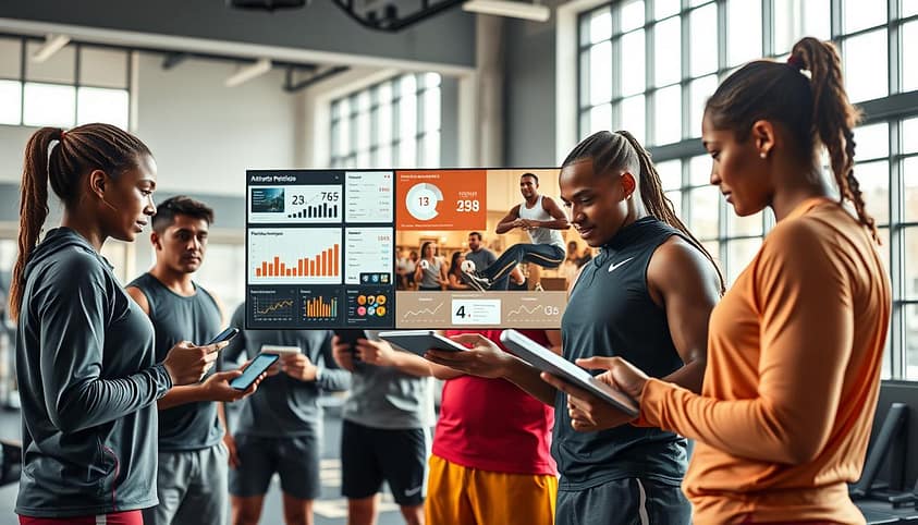 A vibrant composition showcasing various media platforms significantly impacting athletic performance. In the foreground, depict a diverse group of athletes, all dressed in professional training attire, engaged in discussions around performance metrics on digital devices. In the middle ground, illustrate a dynamic split-screen showing social media posts, performance analysis charts, and highlight reels capturing athlete achievements. The background should feature a modern gym or training facility with large windows allowing natural light to stream in, creating an energetic atmosphere. Use a wide-angle lens to capture the scene with depth and clarity, ensuring the mood conveys determination and innovation in sports. The overall lighting should be bright and welcoming, emphasizing the positive impact of media on athletic success. A vibrant composition showcasing various media platforms significantly impacting athletic performance. In the foreground, depict a diverse group of athletes, all dressed in professional training attire, engaged in discussions around performance metrics on digital devices. In the middle ground, illustrate a dynamic split-screen showing social media posts, performance analysis charts, and highlight reels capturing athlete achievements. The background should feature a modern gym or training facility with large windows allowing natural light to stream in, creating an energetic atmosphere. Use a wide-angle lens to capture the scene with depth and clarity, ensuring the mood conveys determination and innovation in sports. The overall lighting should be bright and welcoming, emphasizing the positive impact of media on athletic success.