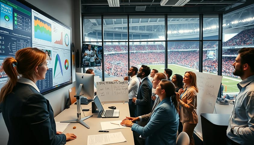 A vibrant sports analytics lab scene filled with diverse professionals in business attire intensely analyzing predictive models displayed on large screens. In the foreground, a focused woman points at a screen showing complex data visualizations, charts, and player statistics. In the middle, a diverse group of analysts collaborates, surrounded by sports memorabilia and whiteboards filled with handwritten strategies. The background features a large window overlooking a bustling stadium, with fans cheering, conveying excitement and engagement. Illuminate the scene with bright, warm lighting to create a dynamic and inspirational atmosphere. Use a wide-angle lens to capture the entire setting, emphasizing the combination of technology and sports dedication, designed to illustrate real-world successes in predictive analytics within sports. A vibrant sports analytics lab scene filled with diverse professionals in business attire intensely analyzing predictive models displayed on large screens. In the foreground, a focused woman points at a screen showing complex data visualizations, charts, and player statistics. In the middle, a diverse group of analysts collaborates, surrounded by sports memorabilia and whiteboards filled with handwritten strategies. The background features a large window overlooking a bustling stadium, with fans cheering, conveying excitement and engagement. Illuminate the scene with bright, warm lighting to create a dynamic and inspirational atmosphere. Use a wide-angle lens to capture the entire setting, emphasizing the combination of technology and sports dedication, designed to illustrate real-world successes in predictive analytics within sports.