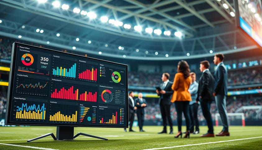 A dynamic and engaging sports data visualization scene capturing various impactful visuals. In the foreground, showcase a sleek, high-tech dashboard displaying real-time analytics, featuring colorful graphs, charts, and heat maps illustrating player performance metrics and game statistics. In the middle ground, display a diverse group of professionals in business attire, collaborating and discussing the visuals on large screens, exuding a sense of teamwork and innovation. The background features a modern sports arena, gently blurred, with subtle lighting highlighting the atmosphere of excitement and focus. Utilize a soft, diffused light to create an inviting and professional mood. The scene should convey a sense of professionalism, collaboration, and the transformative power of data in sports performance and marketing. A dynamic and engaging sports data visualization scene capturing various impactful visuals. In the foreground, showcase a sleek, high-tech dashboard displaying real-time analytics, featuring colorful graphs, charts, and heat maps illustrating player performance metrics and game statistics. In the middle ground, display a diverse group of professionals in business attire, collaborating and discussing the visuals on large screens, exuding a sense of teamwork and innovation. The background features a modern sports arena, gently blurred, with subtle lighting highlighting the atmosphere of excitement and focus. Utilize a soft, diffused light to create an inviting and professional mood. The scene should convey a sense of professionalism, collaboration, and the transformative power of data in sports performance and marketing.