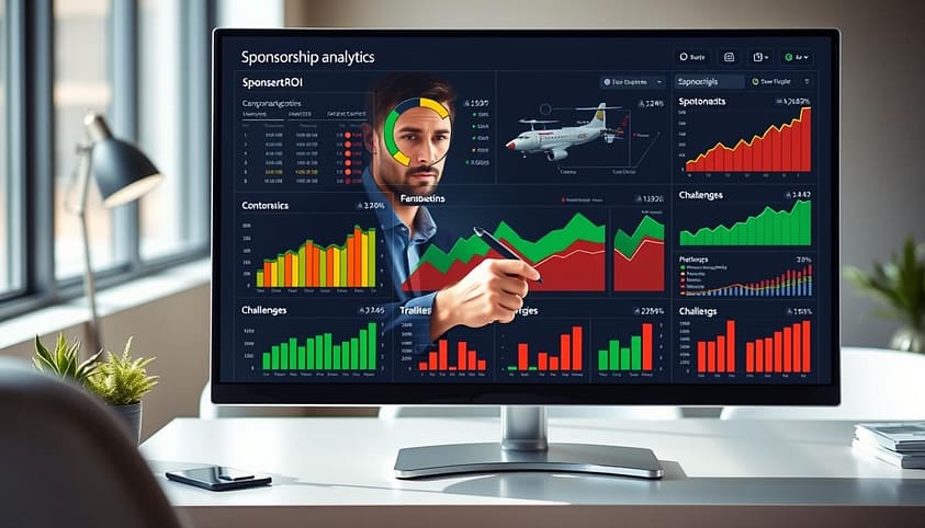 An intricate sponsorship analytics dashboard displayed on a sleek, modern computer screen. In the foreground, graphs and charts showcasing sponsorship performance metrics feature vibrant colors, such as green for growth and red for challenges. The middle layer shows a business professional analyzing the data, dressed in smart casual attire, with a focused expression, sitting at a minimalist desk with a digital pen in hand. In the background, a softly blurred office environment with neutral tones adds a professional atmosphere. The lighting is bright and natural, coming from a nearby window, creating a sense of clarity and insight. The overall mood is one of focus and analytical depth, emphasizing the importance of reporting and communicating value in sponsorship ROI. An intricate sponsorship analytics dashboard displayed on a sleek, modern computer screen. In the foreground, graphs and charts showcasing sponsorship performance metrics feature vibrant colors, such as green for growth and red for challenges. The middle layer shows a business professional analyzing the data, dressed in smart casual attire, with a focused expression, sitting at a minimalist desk with a digital pen in hand. In the background, a softly blurred office environment with neutral tones adds a professional atmosphere. The lighting is bright and natural, coming from a nearby window, creating a sense of clarity and insight. The overall mood is one of focus and analytical depth, emphasizing the importance of reporting and communicating value in sponsorship ROI.