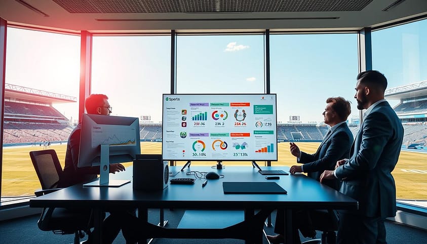 In a vibrant sports analytics office, the foreground features a sleek modern desk with a computer screen displaying various data visualizations relevant to attribution models, such as graphs and charts. Surrounding the desk are three professional individuals in business attire discussing insights about game days, opponent strength, and weather influences on performance. In the middle ground, a large digital whiteboard showcases colorful infographics relating to these features, with sports-themed icons and statistics illustrated vividly. In the background, huge windows overlook a stadium, where players are seen in action under a clear blue sky. Soft, natural lighting fills the room, creating an inspiring atmosphere of collaboration and analysis, with a slight lens flare from the sunlight streaming in. The overall mood is dynamic and professional, reflecting the intricate and engaging nature of sports data analysis. In a vibrant sports analytics office, the foreground features a sleek modern desk with a computer screen displaying various data visualizations relevant to attribution models, such as graphs and charts. Surrounding the desk are three professional individuals in business attire discussing insights about game days, opponent strength, and weather influences on performance. In the middle ground, a large digital whiteboard showcases colorful infographics relating to these features, with sports-themed icons and statistics illustrated vividly. In the background, huge windows overlook a stadium, where players are seen in action under a clear blue sky. Soft, natural lighting fills the room, creating an inspiring atmosphere of collaboration and analysis, with a slight lens flare from the sunlight streaming in. The overall mood is dynamic and professional, reflecting the intricate and engaging nature of sports data analysis.
