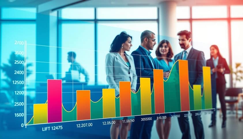 A detailed illustration of a lift studies statistical power chart, showcasing a vibrant, high-tech design. In the foreground, a sleek, modern digital chart displays statistical metrics with emphasized axes, colored gradients, and distinct data points indicating power analysis results. The middle ground features a group of diverse professionals in business attire, observing and discussing the chart, captured in a dynamic, collaborative pose. The background includes a softly lit, contemporary office environment with large windows allowing natural light, giving an optimistic and productive atmosphere. The overall mood conveys a sense of innovation and analytical rigor, suitable for an academic context. The composition is clear and engaging, with a focus on the insights from the statistical power chart without any text overlays or distractions. A detailed illustration of a lift studies statistical power chart, showcasing a vibrant, high-tech design. In the foreground, a sleek, modern digital chart displays statistical metrics with emphasized axes, colored gradients, and distinct data points indicating power analysis results. The middle ground features a group of diverse professionals in business attire, observing and discussing the chart, captured in a dynamic, collaborative pose. The background includes a softly lit, contemporary office environment with large windows allowing natural light, giving an optimistic and productive atmosphere. The overall mood conveys a sense of innovation and analytical rigor, suitable for an academic context. The composition is clear and engaging, with a focus on the insights from the statistical power chart without any text overlays or distractions.