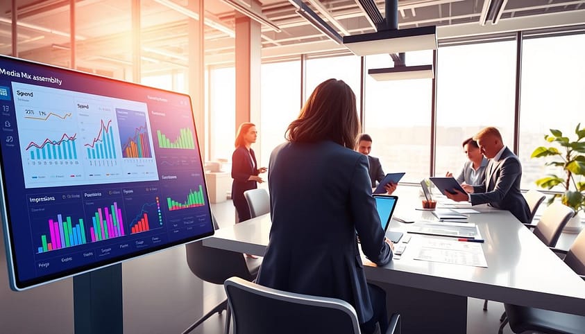 A detailed illustration of the Media Mix Modeling data assembly process, focused on visualizing elements such as spend, impressions, seasonality, and schedules. In the foreground, display a sleek digital dashboard showing graphs and charts, with vibrant colors indicating various media metrics. In the middle ground, depict professionals in business attire collaborating around a large table, analyzing data reports and using tablets. The background features a futuristic office environment, illuminated by soft, natural sunlight filtering through large windows. A sense of focus and teamwork permeates the atmosphere. Use a slight overhead angle to capture the depth of discussion and the intricacies of the data. Ensure the lighting is bright but not harsh, creating a productive and engaging mood. A detailed illustration of the Media Mix Modeling data assembly process, focused on visualizing elements such as spend, impressions, seasonality, and schedules. In the foreground, display a sleek digital dashboard showing graphs and charts, with vibrant colors indicating various media metrics. In the middle ground, depict professionals in business attire collaborating around a large table, analyzing data reports and using tablets. The background features a futuristic office environment, illuminated by soft, natural sunlight filtering through large windows. A sense of focus and teamwork permeates the atmosphere. Use a slight overhead angle to capture the depth of discussion and the intricacies of the data. Ensure the lighting is bright but not harsh, creating a productive and engaging mood.
