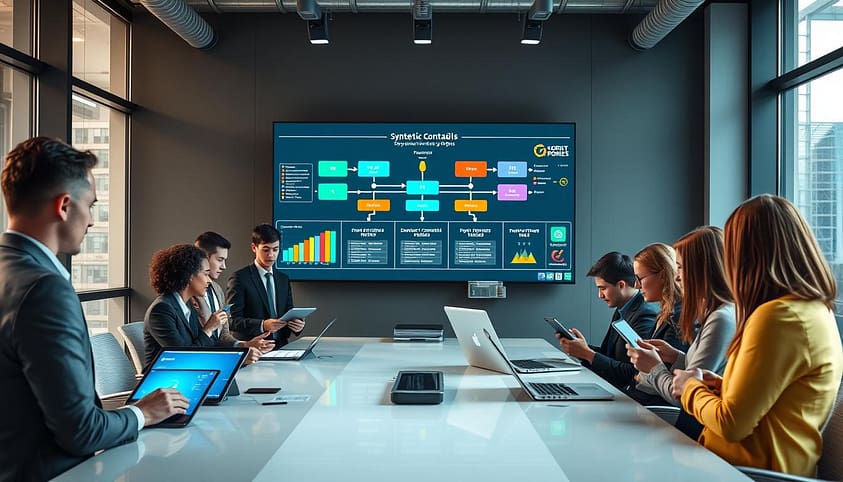 A modern office environment focused on marketing analysis, featuring a sleek conference table with multiple digital screens displaying colorful graphs and data charts related to sports campaigns. In the foreground, a diverse group of professionals in business attire is collaborating, examining key metrics through tablets and laptops. The middle of the scene highlights a large wall-mounted screen showing a flowchart illustrating the synthetic control method, alongside visual elements representing seasons and playoffs. The background includes large windows with natural light flooding in, illuminating the workspace and creating a productive atmosphere. The color palette should be vibrant but professional, capturing an atmosphere of innovation and strategic planning. A modern office environment focused on marketing analysis, featuring a sleek conference table with multiple digital screens displaying colorful graphs and data charts related to sports campaigns. In the foreground, a diverse group of professionals in business attire is collaborating, examining key metrics through tablets and laptops. The middle of the scene highlights a large wall-mounted screen showing a flowchart illustrating the synthetic control method, alongside visual elements representing seasons and playoffs. The background includes large windows with natural light flooding in, illuminating the workspace and creating a productive atmosphere. The color palette should be vibrant but professional, capturing an atmosphere of innovation and strategic planning.