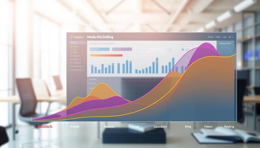 A professional data visualization illustration depicting Media Mix Modeling adstock and saturation curves. In the foreground, clearly defined, colorful curves represent adstock effects and saturation levels, with varying gradients indicating intensity and impact of media spend. The middle layer features a sleek, modern analytics dashboard with interactive elements like sliders and buttons, reflecting a sophisticated approach to data analysis. The background highlights a blurred office environment, suggesting a collaborative workspace for data-driven teams. Soft, natural lighting streams in from the left, creating a bright and inspiring atmosphere. The overall mood is professional and focused, ideal for conveying analytical rigor and strategic insight. Ensure no text or branding elements are present in the image. A professional data visualization illustration depicting Media Mix Modeling adstock and saturation curves. In the foreground, clearly defined, colorful curves represent adstock effects and saturation levels, with varying gradients indicating intensity and impact of media spend. The middle layer features a sleek, modern analytics dashboard with interactive elements like sliders and buttons, reflecting a sophisticated approach to data analysis. The background highlights a blurred office environment, suggesting a collaborative workspace for data-driven teams. Soft, natural lighting streams in from the left, creating a bright and inspiring atmosphere. The overall mood is professional and focused, ideal for conveying analytical rigor and strategic insight. Ensure no text or branding elements are present in the image.