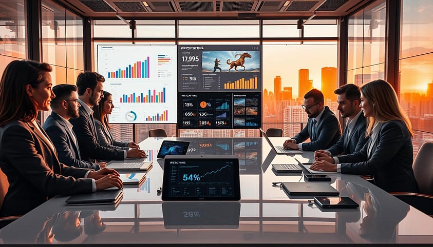 A dynamic and visually striking representation of a "Creative Testing Framework" for watch time analysis in digital content. In the foreground, a diverse group of professionals in smart business attire, engaged around a sleek, modern table filled with digital devices displaying graphs and metrics. The middle ground features large screens showcasing colorful charts, watch time statistics, and video clips of highlights and reels. In the background, a high-tech, glass-walled office space with panoramic city views, bathed in warm, natural lighting that creates an inspiring atmosphere. The composition should convey a collaborative and innovative environment, emphasizing the importance of data-driven creativity in content strategy. Use a slightly elevated angle for a comprehensive perspective. A dynamic and visually striking representation of a "Creative Testing Framework" for watch time analysis in digital content. In the foreground, a diverse group of professionals in smart business attire, engaged around a sleek, modern table filled with digital devices displaying graphs and metrics. The middle ground features large screens showcasing colorful charts, watch time statistics, and video clips of highlights and reels. In the background, a high-tech, glass-walled office space with panoramic city views, bathed in warm, natural lighting that creates an inspiring atmosphere. The composition should convey a collaborative and innovative environment, emphasizing the importance of data-driven creativity in content strategy. Use a slightly elevated angle for a comprehensive perspective.