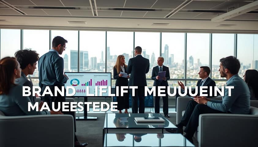 A modern office environment reflects a high-tech atmosphere focused on brand lift measurement. In the foreground, a diverse group of professionals in business attire are engaged in a collaborative meeting, analyzing data visualizations on large screens that depict graphs and charts related to brand awareness and sales impact. The middle ground features sleek, contemporary furniture and digital displays showcasing vibrant analytics. In the background, a city skyline is visible through expansive windows, indicating a sense of urban sophistication. The lighting is bright and natural, creating an optimistic mood, while a shallow depth of field subtly emphasizes the team’s interaction with the data. The image conveys a sense of innovation and professional focus, perfect for illustrating modern sponsorship valuation methods. A modern office environment reflects a high-tech atmosphere focused on brand lift measurement. In the foreground, a diverse group of professionals in business attire are engaged in a collaborative meeting, analyzing data visualizations on large screens that depict graphs and charts related to brand awareness and sales impact. The middle ground features sleek, contemporary furniture and digital displays showcasing vibrant analytics. In the background, a city skyline is visible through expansive windows, indicating a sense of urban sophistication. The lighting is bright and natural, creating an optimistic mood, while a shallow depth of field subtly emphasizes the team’s interaction with the data. The image conveys a sense of innovation and professional focus, perfect for illustrating modern sponsorship valuation methods.