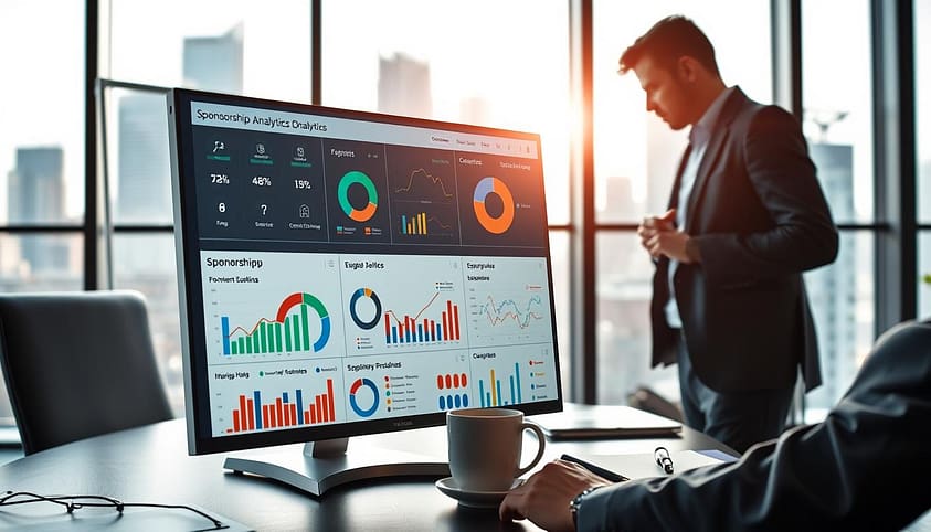 A modern sponsorship analytics dashboard showcasing diverse metrics and visualizations, prominently displayed on a sleek computer screen. In the foreground, a close-up of an intricately designed interface featuring colorful graphs, pie charts, and data visualizations that reflect sponsorship performance and business outcomes. The middle ground includes a professional business environment with a person in business attire, analyzing the dashboard, portrayed from a side angle. In the background, large windows display a cityscape under natural lighting, creating a bright and optimistic atmosphere. Incorporate elements like a notepad and a coffee cup on a stylish desk to emphasize professionalism. The overall mood should feel analytical and forward-thinking, capturing the essence of effective sponsorship reporting. A modern sponsorship analytics dashboard showcasing diverse metrics and visualizations, prominently displayed on a sleek computer screen. In the foreground, a close-up of an intricately designed interface featuring colorful graphs, pie charts, and data visualizations that reflect sponsorship performance and business outcomes. The middle ground includes a professional business environment with a person in business attire, analyzing the dashboard, portrayed from a side angle. In the background, large windows display a cityscape under natural lighting, creating a bright and optimistic atmosphere. Incorporate elements like a notepad and a coffee cup on a stylish desk to emphasize professionalism. The overall mood should feel analytical and forward-thinking, capturing the essence of effective sponsorship reporting.
