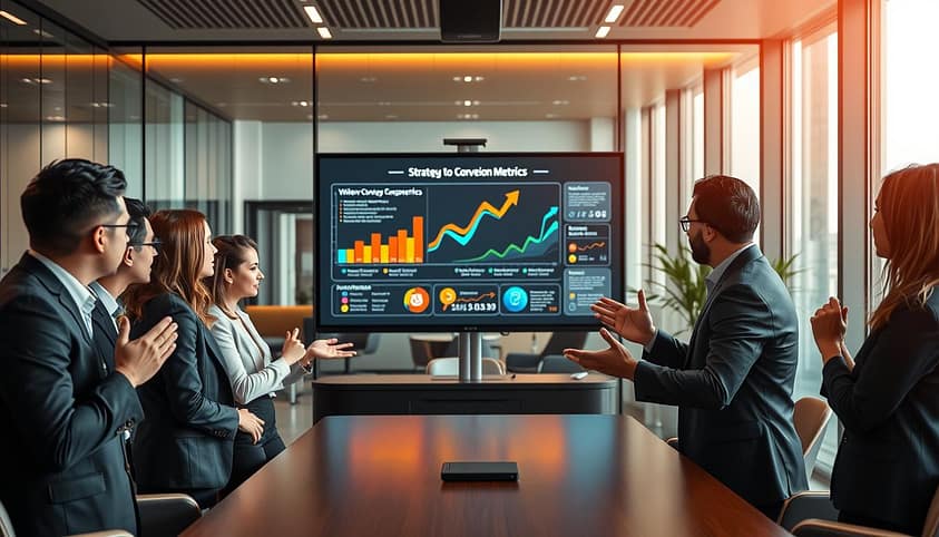 A professional and modern office environment showcasing a strategic call-to-action model. In the foreground, a diverse group of business professionals in smart attire, engaged in a collaborative discussion with dynamic gestures. In the middle, a large screen displays a vibrant, detailed infographic representing view-through to conversion metrics, with colorful graphs and arrows illustrating pathways of customer engagement. The background features a sleek conference room with glass walls, warm lighting that creates a focused atmosphere, and contemporary furnishings. The overall mood is energetic and innovative, evoking a sense of teamwork and strategic thinking in digital marketing. Ensure visual clarity and sharp focus on the main visual elements, captured with a slight depth of field. A professional and modern office environment showcasing a strategic call-to-action model. In the foreground, a diverse group of business professionals in smart attire, engaged in a collaborative discussion with dynamic gestures. In the middle, a large screen displays a vibrant, detailed infographic representing view-through to conversion metrics, with colorful graphs and arrows illustrating pathways of customer engagement. The background features a sleek conference room with glass walls, warm lighting that creates a focused atmosphere, and contemporary furnishings. The overall mood is energetic and innovative, evoking a sense of teamwork and strategic thinking in digital marketing. Ensure visual clarity and sharp focus on the main visual elements, captured with a slight depth of field.