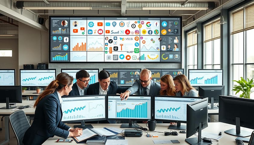 A dynamic and visually engaging workspace showing multiple computer screens displaying analytics dashboards captivated by colorful graphs and performance metrics. In the foreground, a diverse group of professionals, dressed in smart business attire, are collaborating over a table filled with marketing materials and digital devices, pointing towards a screen that highlights trackable links in a social media context. The middle layer showcases a large wall display filled with iconography representing social media platforms and creator collaborations, vividly illustrating the concept of influencer attribution. The background features a modern office environment with bright, natural lighting streaming through large windows and a minimalistic design that creates a focused, innovative atmosphere. The scene conveys a sense of teamwork and strategic planning, perfect for illustrating the intersection of social media and analytics in a professional setting. A dynamic and visually engaging workspace showing multiple computer screens displaying analytics dashboards captivated by colorful graphs and performance metrics. In the foreground, a diverse group of professionals, dressed in smart business attire, are collaborating over a table filled with marketing materials and digital devices, pointing towards a screen that highlights trackable links in a social media context. The middle layer showcases a large wall display filled with iconography representing social media platforms and creator collaborations, vividly illustrating the concept of influencer attribution. The background features a modern office environment with bright, natural lighting streaming through large windows and a minimalistic design that creates a focused, innovative atmosphere. The scene conveys a sense of teamwork and strategic planning, perfect for illustrating the intersection of social media and analytics in a professional setting.