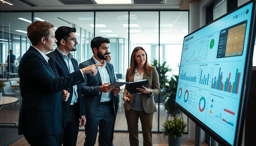 A professional office environment showcasing a diverse group of business professionals engaged in cohort analysis for budget optimization. In the foreground, a large digital screen displays colorful graphs and charts illustrating customer lifetime value (CLV) data. The middle ground features focused individuals in professional attire—two analysts pointing at the screen, while a manager writes notes on a clipboard. In the background, a modern office with glass walls lets in natural light, creating a bright and inspiring atmosphere. The mood is collaborative and analytical, conveying a sense of purpose and strategic thinking. The scene is captured with a wide-angle lens to encompass the team dynamics and technology in action. A professional office environment showcasing a diverse group of business professionals engaged in cohort analysis for budget optimization. In the foreground, a large digital screen displays colorful graphs and charts illustrating customer lifetime value (CLV) data. The middle ground features focused individuals in professional attire—two analysts pointing at the screen, while a manager writes notes on a clipboard. In the background, a modern office with glass walls lets in natural light, creating a bright and inspiring atmosphere. The mood is collaborative and analytical, conveying a sense of purpose and strategic thinking. The scene is captured with a wide-angle lens to encompass the team dynamics and technology in action.